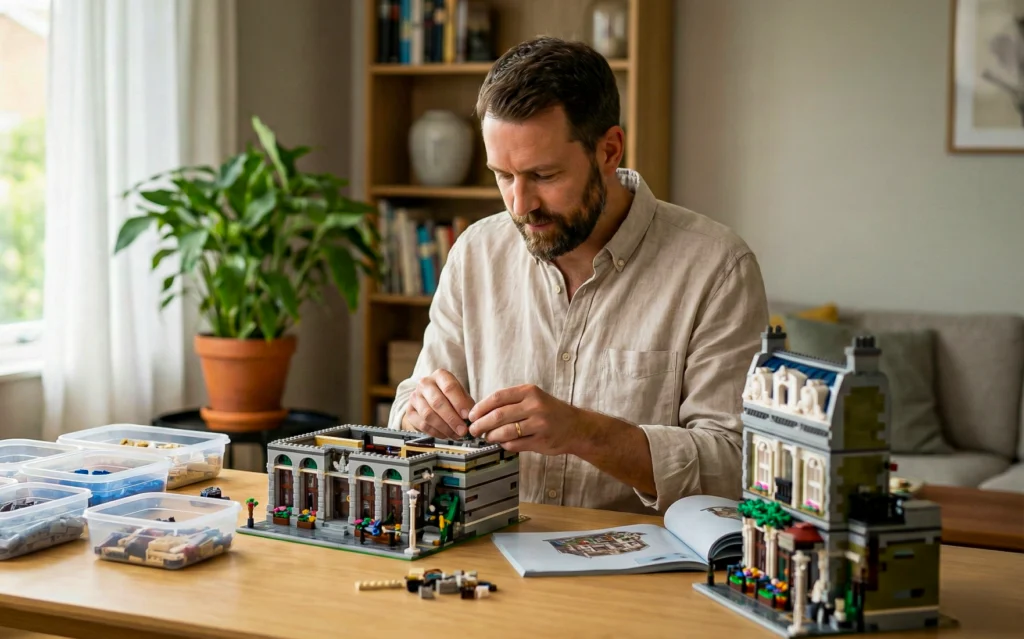 Adulto montando LEGO em ambiente doméstico
